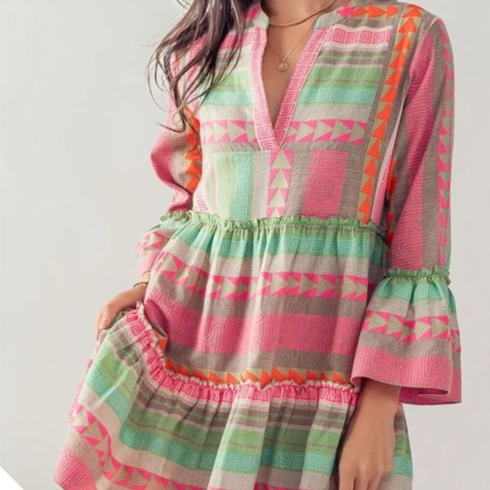 En Creme Colorful Geometric Ruffled Mini Dress Large